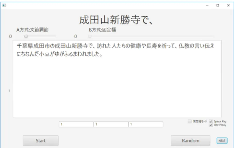 図 2.4 文献 [5]ﬁg.3.1 より引用 . システムの GUI. 提示領域はシステム上部「成田山新勝寺で、」が 表示されている部分 図 2.5 瞬間速読〜名作の高速表示〜の実行画面 2.1.4.1 日本語を対象とした速読術 研究ではないが , 日本語における RSVP の応用例として瞬間速読術やフラッシュ速読術がある 