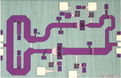 図 4.13 に 設 計 し た 28GHz GaN ド ハ テ ィ 増 幅 器 を 示 す ．回 路 の サ イ ズ は 1800 µ m × 2900 µ m と な っ た ．図 4.14 に 設 計 し た ド ハ テ ィ 増 幅 器 の 電 磁 界 シ ミ ュ レーション結果を示す．出力電力 P out = 25 dBm に対して 13% の PAE ， 27% のドレイン 効率が得られた．また出力バックオフ 8-dB(P out = 17 dBm) では 7% の PAE ， 17% のド レイ