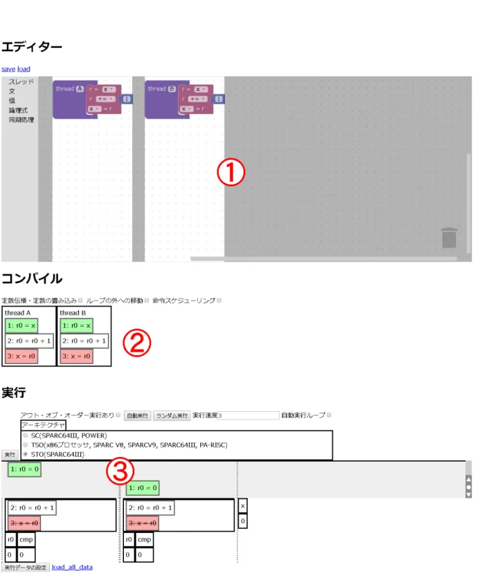 図 4.1: 全体のインタフェース : ⃝ 1 ビジュアルプログラミング言語による入力部分 , ⃝ 2 コンパイル