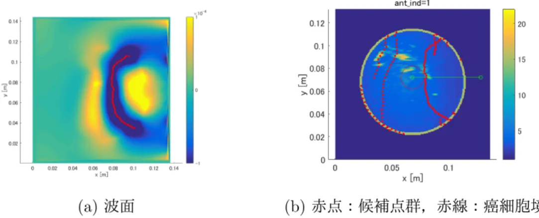 図 2.7: 背景媒質上の FDTD 法によって生成した波面と候補点群