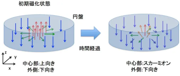 表 4.2: 1 次元薄膜モデルにおける計算条件 DMI 定数 D = 0 erg/cm 2 ∼ 5.5erg/cm 2 x 軸方向の計算点数 n x 50,100,200 x 軸方向のセルの長さ dx = 100/(x 軸方向のセルの数) nm z 軸方向のセルの長さ dz = 0.3536 nm 4.2 円盤モデル 4.2.1 実験概要 円盤中へのスカーミオン生成を通して DMI 効果の妥当性を確認するため、先行論文 [8] と同じ条 件でスカーミオン生成の実験を行った。 4.2.2 実験概要 計算対象