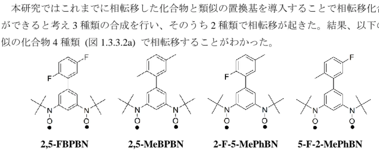図 1.3.3.2a  相転移する類似の化合物  この結果、メチル基、 F 基を含むフェニル置換基を導入した化合物が相転移しやすい傾向 にあることがわかった。分子間接触をするときに縮合多環置換基や複素芳香環置換基は置 換基側で強い分子間接触をしやすい傾向にある。そのため、ラジカル間側の距離が長くな り相転移が起きづらくなる。一方、メチル基、 F 基を含むフェニル置換基は置換基側での接 触が比較的弱く、ラジカル側で強い接触をしやすい傾向にある。そのためラジカル間側の 距離が短くなり相転移が起きやすい。またメチ