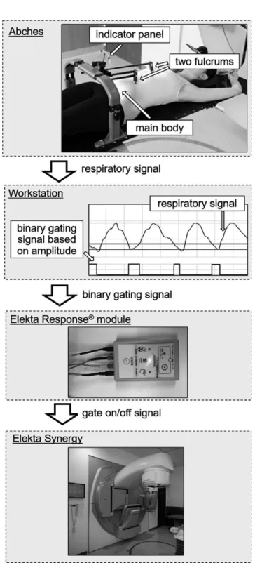 Figure 1 shows a signal flow diagram for gated beam delivery using an Elekta Synergy â linac with Abches, a patient-controlled respiratory device based on visual  confir-mation