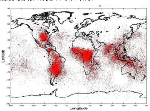 図 1.1 : ELF 帯電磁波観測による落雷位置標定  (Hobara et al., 2006) 