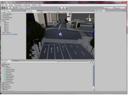 図 3.1: Unity のエディタ画面 • UnityEngine スクリプトから参照できる Unity のゲームエンジンに関するライブラリ． Unity スクリプトにおける標準ライブラリと言える．様々な API を提供している． • Input クラス UnityEngine に含まれるクラスの 1 つ．プレイヤーの入力を取得するためのプ ロパティ，メソッドが含まれている． • グラフィッククオリティ グラフィックに関するクオリティ設定をいくつかのレベルについて事前に設定 できる．実際にビルドされたアプ