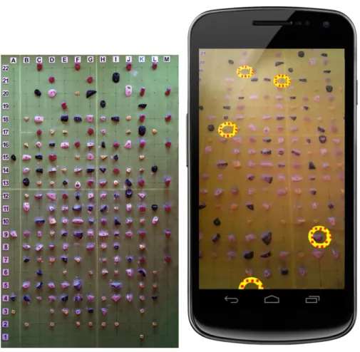 Figure 2.6: BouldAR: Actual climbing wall grid (left); Augmented path overlay (right)