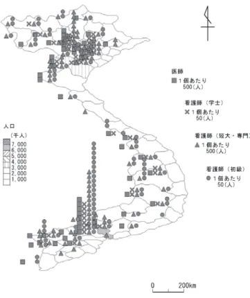図 2 ベトナムの人口と医師・看護師の地域分布（2011 年）