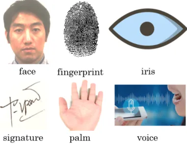 Fig. 1.1 Biometric modalities; Some examples of body traits that can be used for biometric recognition.