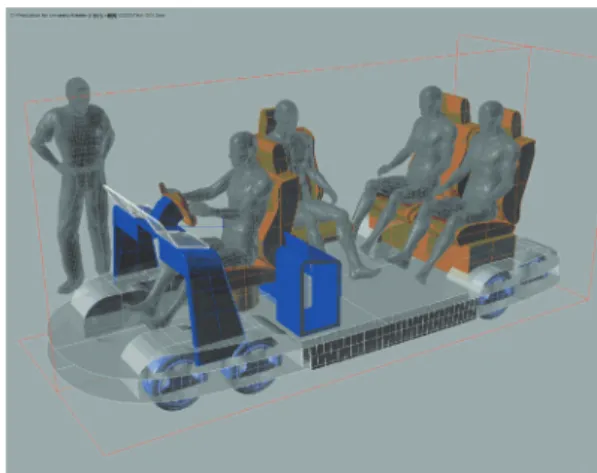 図 16：CAD を使ってデザイン案を検討 小 型 車 を 想 定 し て 進 め ら れ た イ ン テ リ ア デ ザ イ ン だ が、 床 下 に 収 納 さ れ た 燃 料 電 池 （図 17） ・イ ン ホ イ ー ル モ ー タ ー に よ る 駆 動 方 式 を 用 い た こ と で、 室 内 空 間 の 検 討 を ガ ソ リ ン エ ン ジ ン に 比 べ、 非 常 に 柔 軟 に 進 め る こ と が 出 来 た。 ま た、 小 径 タ イ ヤ の 採 用 で タ イ ヤ ハ ウ ス