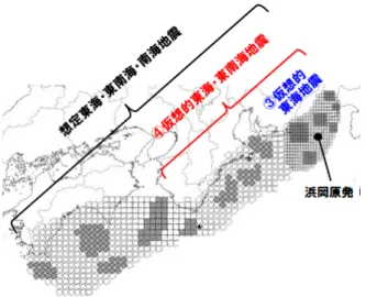 図 18: 中央防災会議をベースにした中部電力バッ クチェック報告における想定東海地震等の各断層 モデル [3] 図 19: 浜岡原発での耐専スペクトルによる検討用 地震の評価結果 [2] （ ⃝4 仮想的東海・東南海地震 ( 赤線 ) は ⃝3 仮想的東海地震 ( 青線 ) を含むにもかかわらず，耐専スペ クトルが小さいという矛盾した結果になっている） ら 62.3km へ一層大きくなるため，震源が遠ざか るかのように見なされてしまうからである．これ は，等価震源距離で応答スペクトルを整理してい るために