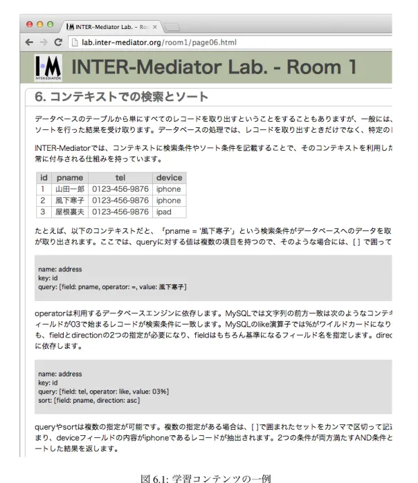 図 6.1: 学習コンテンツの一例 試験問題の解答作成を実際に試してみることができるように検証環境を用意して，試行錯誤する環境を 整えた．Web デザインでも記述した結果をつどつどブラウザで確認するようなことは一般的であり，通常 の作業フローに近くなることを意図している．試験後に，プロフィールや感想などのアンケートを行った． 6.2 実験結果 12 人の被験者についての実験結果について，試験の得点と学習および試験に費やした時間に関して検討 する．そして，問題の分野ごとの正答率や，アンケートから得られた結果に