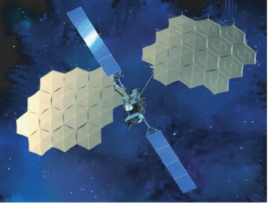 図 B.1 ETS-VIII の外観図 (C)JAXA ド周波数を用いれば十分な宇宙機の姿勢制御性能が得られる . そこで , 3 つの剛体 モードとモード周波数が最も低い振動モードを含む低次元モデルを構成し , 制御器 設計を行う 