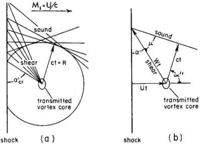 Fig. 1.3 Convection of vortex through a shock. Nonevanescent sound waves generated  at shock (Fig