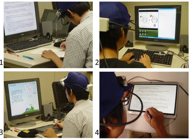 図 5.1: 実験の様子（ 1: 紙媒体， 2: キーボード， 3: ペンタブレット， 4: タブレット PC ）  PC 外部の紙媒体（ A4 紙）へのメモ書き  e ラーニング提示コンテンツ外部へのキーボードによるメモ書き  e ラーニング提示コンテンツ上へのペンタブレットによる書込み（ペンタブレットで は，手元のタブレット上に専用ペンを使って書込む．そのため，画面への直接的な 書込みはできない）  e ラーニング提示コンテンツ上へのタブレット PC による書込み（ペンを使って画面 に直接書込め