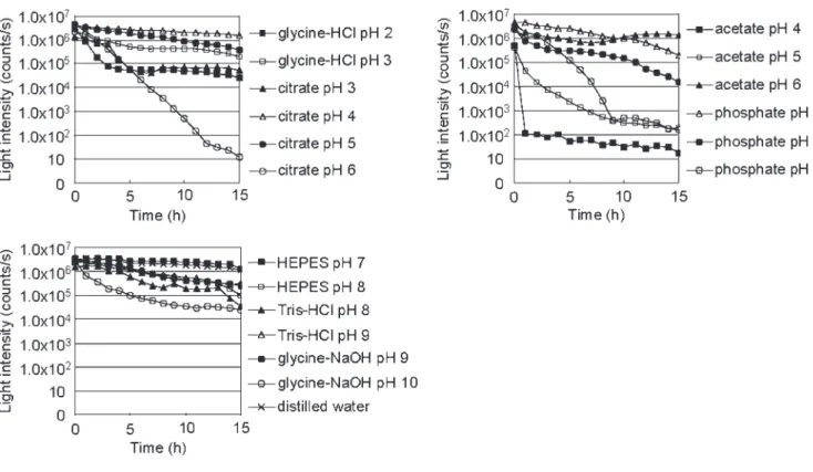 Figure 2. The time‐course of light intensity of M. chlorophos fruiting bodies in various buffers.