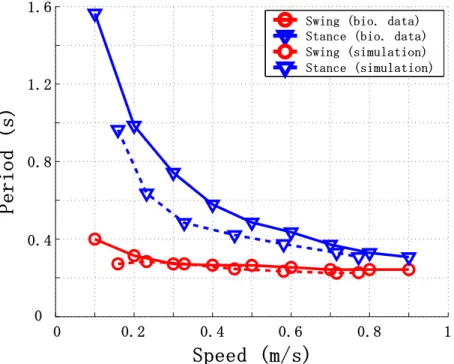Figure 3.14: Swing and stance periods as functions of the walking speed in the cat and in our simulations