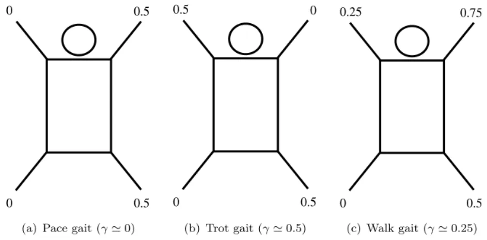 Figure 4.3: Phase differences between the stepping motions of the legs in the pace, the trot and the walk gaits (the left hind leg is taken as the reference).
