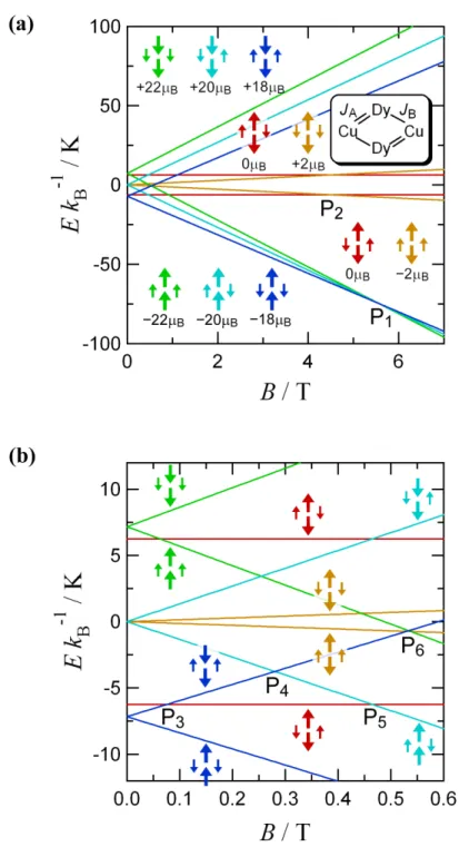 Figure 4.10.    (a) Energy levels of tetranuclear model [CuDy 2 Cu] in a ground-state manifold calculated by the  spin Hamiltonian (see the text)
