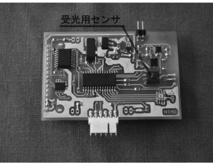 図 4.8: 受光側マーカの外観 4.1.3 １次元プロジェクタの設計と実装 上記の特徴を持つモーションキャプチャなどに用いることが可能な位置情報投影システムを試作し た。このシステムの主な仕様を表 4.2 に示す。以下にプロジェクタとマーカの詳細について述べる。 プロジェクタ機構部 図 4.3 右に今回実装したプロトタイプのプロジェクタの外観を示す。内部構造は図 4.3 左のよう になっている。構造としては、図 4.4 に示すようになっており、一番右に IR-LED が一列に 9 個並 び、 LED の前