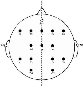 図 3.2：電極配置図  3.1.2  刺激発生装置  コンピュータから再生させた刺激音を、ライン・アウト端子を介してアンプ類で増幅、シー ルド・ルーム内のスピーカから発生させ、被験者にフリーフィールド 7 の状態で聴取させた 。ま た、同コンピュータから音声発出と同時にトリガを発し、収録用コンピュータに送ることで刺 激音発出と脳波収録のタイミングを同期させた。使用した機器の詳細は以下の通り。 