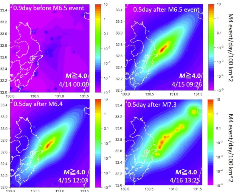 Fig. 5. The spatial forecast of earthquakes during 2016 Kumamoto earthquake sequence by using the HIST-ETAS  model