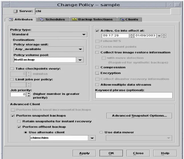 図  13: Advanced Client  によりオフホスト代替クライアント  バックアップを実行するための NetBackup ポリシーの設定 