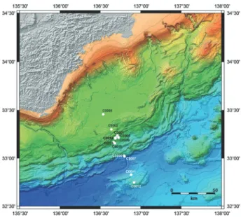 Fig.  1 . The IODP NanTroSEIZE area and drill sites (white  circles).