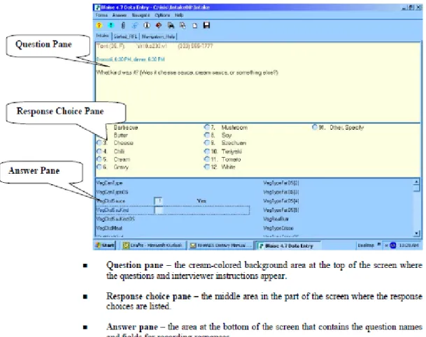 図  2-1  AMPM の画面（Question Pane：調査対象者に聞くべき質問、Response Choice：
