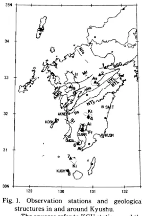 Fig.  1.  Observation  stations  and  geological structures  in  and  around  Kyushu.