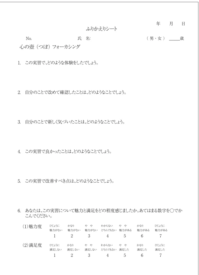 図 ４　心のつぼフォーカシングのふりかえりシート 年　　月　　日ふりかえりシート　　No.   　　氏　名： 　　（ 男 ・ 女 ）　　　  歳 心の壺 （つぼ） フォーカシング1.　この実習で、どのような体験をしたでしょう。2.　自分のことで改めて確認したことは、どのようなことでしょう。3.　自分のことで新しく気づいたことは、どのようなことでしょう。4.　この実習で良かったことは、どのようなことでしょう。5.　この実習で改善すべき点は、どのようなことでしょう。6.　あなたは、この実習について魅力と満足をど