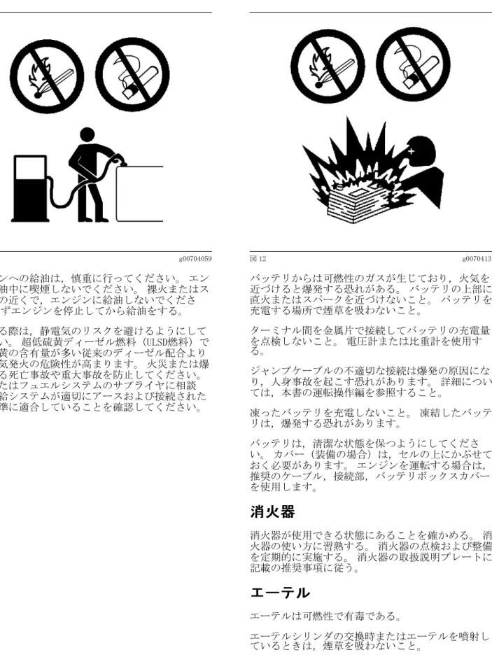 図 11 g00704059 エンジンへの給油は，慎重に行ってください。 エン ジン給油中に喫煙しないでください。 裸火またはス パークの近くで，エンジンに給油しないでくださ い。 必ずエンジンを停止してから給油をする。 給油する際は，静電気のリスクを避けるようにして ください。 超低硫黄ディーゼル燃料（ULSD燃料）で は，硫黄の含有量が多い従来のディーゼル配合より も静電気発火の危険性が高まります。 火災または爆 発による死亡事故や重大事故を防止してください。 燃料またはフュエルシステムのサプライヤに相