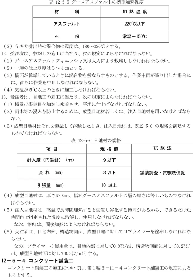 表 12-5-5 グースアスファルトの標準加熱温度  材   料  加 熱 温 度  アスファルト  220℃以下  石   粉  常温～150℃  （２）ミキサ排出時の混合物の温度は、180～220℃とする。   12．受注者は、敷均しの施工に当たり、次の規定によらなければならない。   （１）グースアスファルトフィニッシャ又は人力により敷均ししなければならない。   （２）一層の仕上り厚は３～４㎝とする。   （３）橋面が乾燥しているときに混合物を敷ならすものとする。作業中雨が降り出した場合に は、直ち