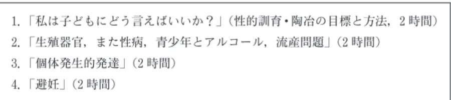 表 2　性教育講話の内容 1． 「私は子どもにどう言えばいいか？」 （性的訓育・陶冶の目標と方法，2 時間） 2． 「生殖器官，また性病，青少年とアルコール，流産問題」 （2 時間） 3． 「個体発生的発達」 （2 時間） 4． 「避妊」 （2 時間） 　このように，Bach は親役員会と学年の親委員会の重要な役割を認めている．しかしそれでも， 「学校に性教育における優先権が認められるという立場」（1969: 710）に立っている．それは， Bach によれば，人民のすべての子どもが学校に通い，授業が十分な