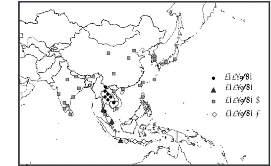 図 2 日本脳炎ウイルス遺伝子型分布 A. 1990 年代以前の日本脳炎ウイルス遺伝子型の分布. 各遺伝子型の地理的棲み分け, 及び, 遺伝子型 1 の局在 (東北タイからカンボジアの限局した地域)