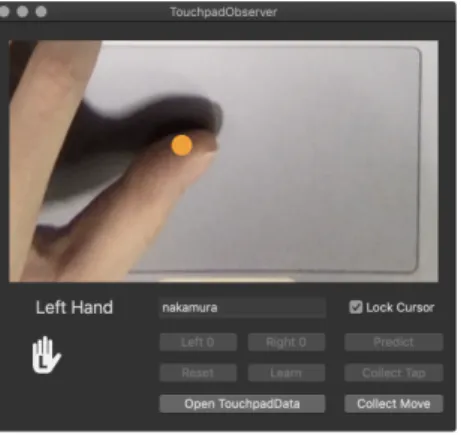 図 2 プロトタイプシステム実行時のスクリーンショット．タッチ パッド操作に用いられる親指の左右識別の様子． を図 2 に示す． プロトタイプシステムには，タッチパッド上の親指の位 置をユーザが視覚的に認識できるよう，リアルタイムの タッチパッド領域の映像を画面上に表示する機能を搭載し た．この機能のため，図 3 に示すようにラップトップの インカメラに鏡固定具を用いて鏡を取り付け，キーボード およびタッチパッド周辺の映像を取得した．また，タッチ パッド領域を画像処理により抽出し，取得した映像に射影 変換を