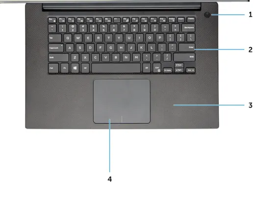 図 2. 正面図 1 ライト インジケータ付き電源ボタン/指紋認証リーダー付き電源ボタン （ライト インジケータ非搭載）（オプション） 2 キーボード 3 パームレスト 4 タッチパッド 図 3