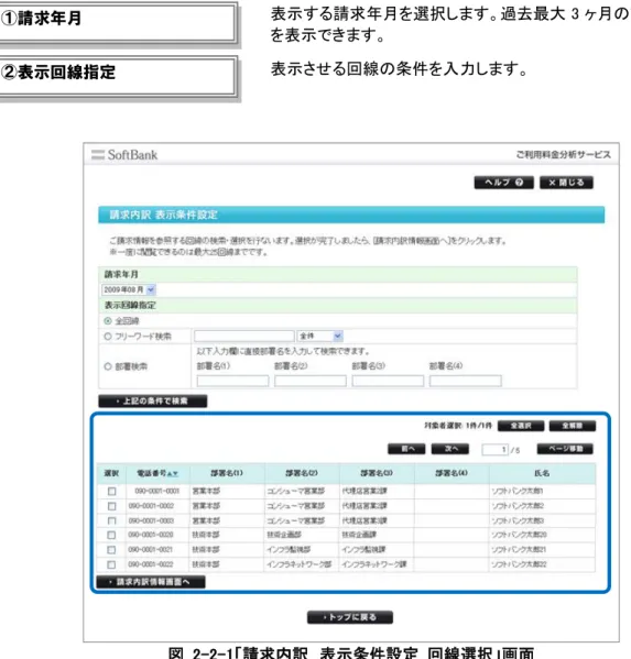 図  2-2-1「請求内訳  表示条件設定  回線選択」画面 ①請求年月 ②表示回線指定  表示する請求年月を選択します。過去最大 3 ヶ月の請求内訳を表示できます。 表示させる回線の条件を入力します。 