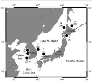 Fig. 1.  Sampling area and number of examined  specimens of Beringraja pulchra. Each symbol represents  sampling site