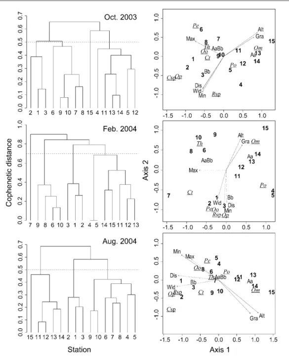 Fig. 3.　Dendrograms and ordination plots resulting from cluster analysis and non-metric  multidimensional scaling (NMDS) of fish assemblage structures among 15 stations in the Ogata River  and its tributaries (Kohbaru and Hakiai streams) in October 2003 (t