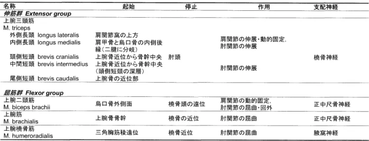 表 3 ． 　 ＿ ヒ腕 筋 群 ．