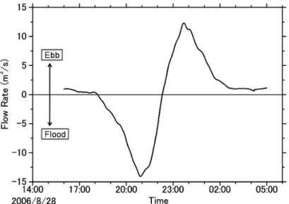 Fig. 6  Temporal changes of ﬂow rate during semi-diurnal tidal period in 2006.