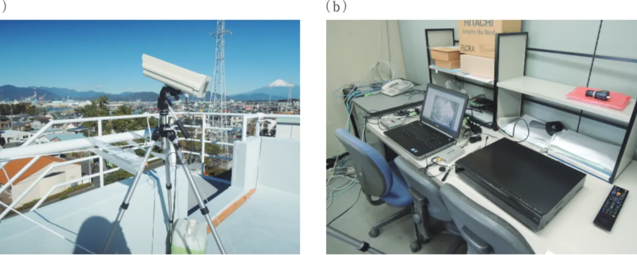 Fig. 3   （   a） Photograph of the installed camera．（ b） Photograph of the installed apparatus to collect  data.（a） （ b） 落雷位置を標定する方法には，落雷により発生す る磁界変化を直交ループアンテナで計測し到来方位 角を求める観測を 2 地点以上で同時に実施し，それ らの交点から落雷位置を推定する方法（  MDF: mag-netic direction ﬁnder ）や，落雷に伴い発生する