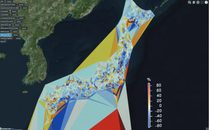 Fig. 8.  A distribution map of triangles by three GNSS stations. A change of the area of the triangle is shown by  color