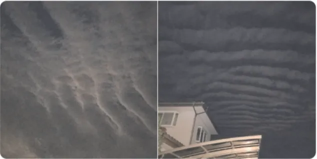 Fig. 4.  “An earthquake cloud?” appeared in Fukuoka on June 15, 2019. Retrieved from https://twitter.com/ hayanahayari/status/1140245081187688451/photo/122 織原 義明 べている。この点から考えれば，山形県沖の地震 が発生した後に科学的に証明されていない地震雲 を否定するツイートが増加したことは，科学リテ ラシーの観点からは好ましい動きだったと言うこ とが