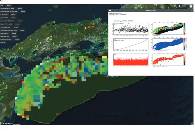 Fig. 5.   a) An overlaid distribution map of   value at the Nankai trough.