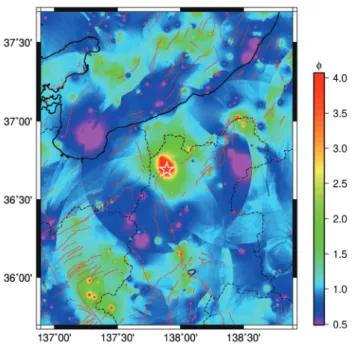 Fig. 9.   A distribution map of parameter  φ  just before the 2014 Nagano earthquake. White-lined star shows the  epicenter of the earthquake.