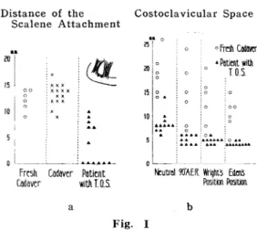 Table  1  Rate  of  Positive  Vascular  Test  and Plethysmography (48  Patients,  72  Cases) 位 テ ス トは,肋 鎖 間 隙部 の みの 異 常 を 示 唆す る もの ではな い こ とを意 味 し,頸 反 対 側 回旋 位 の方 が 同 側 回旋よ り も斜 角筋 三 角 部 の狭 小 化 を招 来 しやす い こ とを 意味 して い る.手 術 所 見 お よび 局所 解 剖 所 見:次 に手術 所見 を分