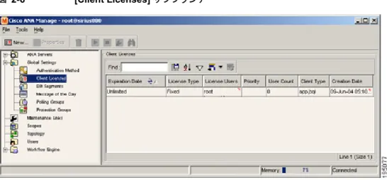 図  2-6  は、 [Client Licenses]  サブブランチが選択されている場合の  [Cisco ANA Manage]  ウィンドウの 表示例です。