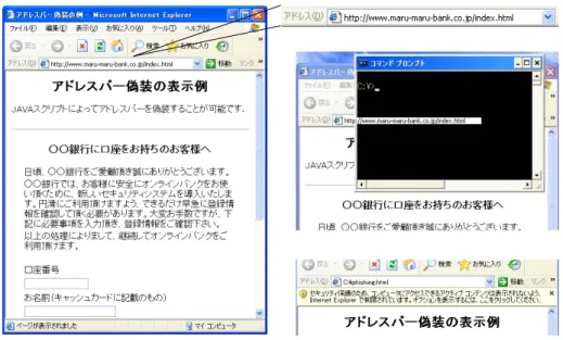 図 2: アドレスバー偽装手口例 がある．最も一般的な手口は において，HTML4 メー ルでのリンクを実現する A タグの悪用である．HTML では，リンクを記述する際に，リンク先 URL とは異 なった表示をすることが可能であるため， において，7 例えば B とは明らかに異なる URL であるフィッシン グサイトの URL を A に対して隠蔽することが可能と なる． また， において，フィッシングサイトの見た目を偽2 装対象となる B のサイト（正当サイト）のそれに酷似 させることも， において8 