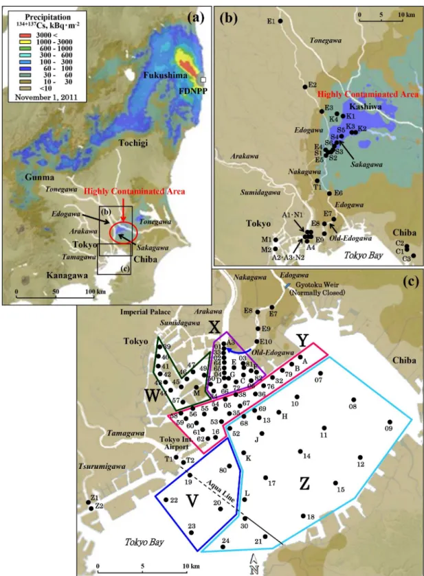 Fig 1. Study areas and sampling points. Geographical distribution of the radiocesium precipitation is indicated by the values for